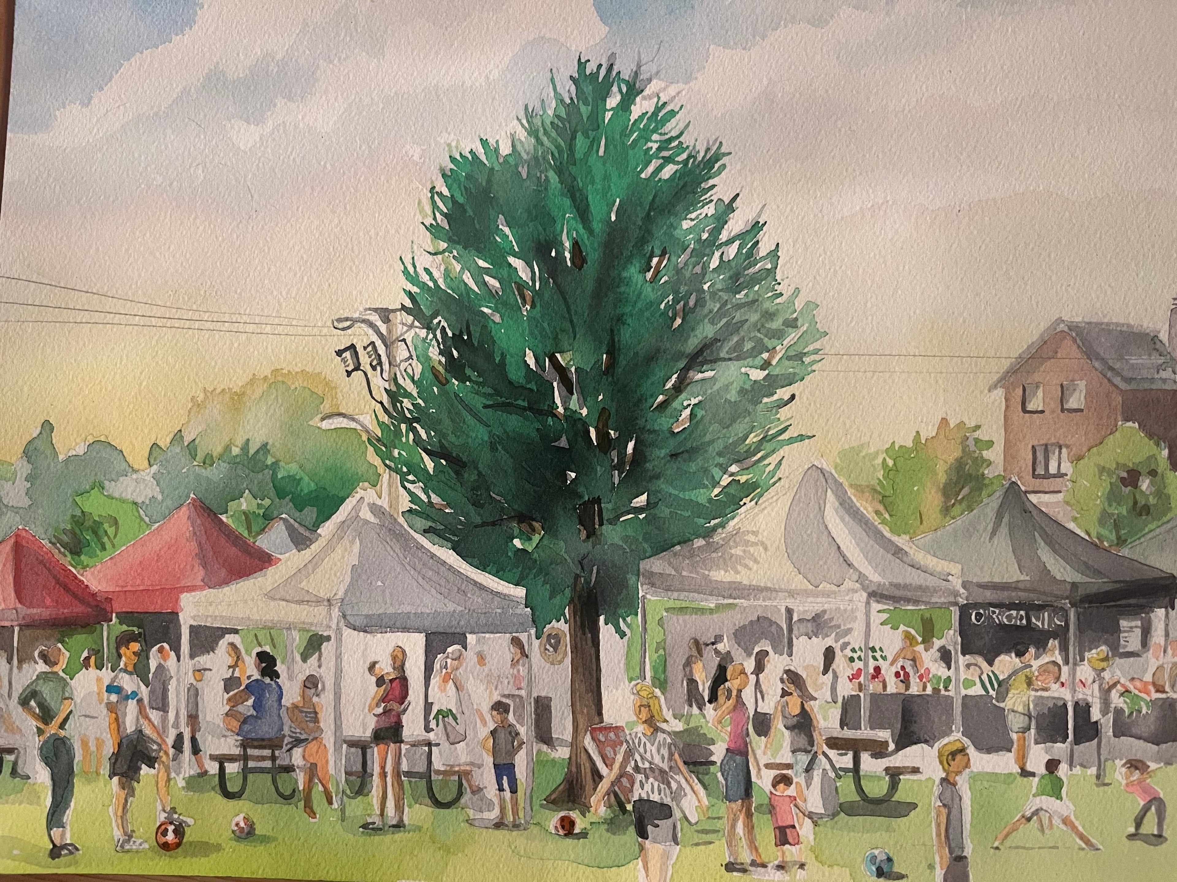 Aquarelle marché en plein air - Peinture originale