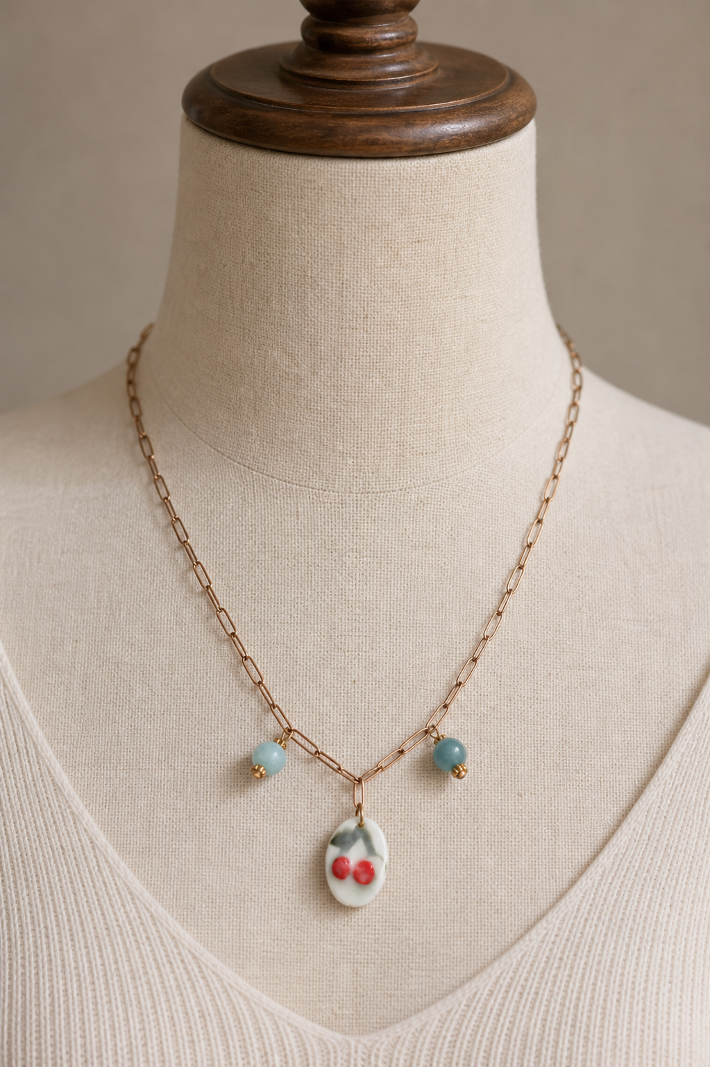 Pendentif Cerise Porcelaine & Aquamarine