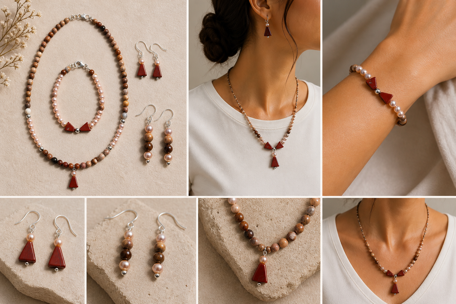 Ensemble Jaspe Perle Blanche Argent Sterling