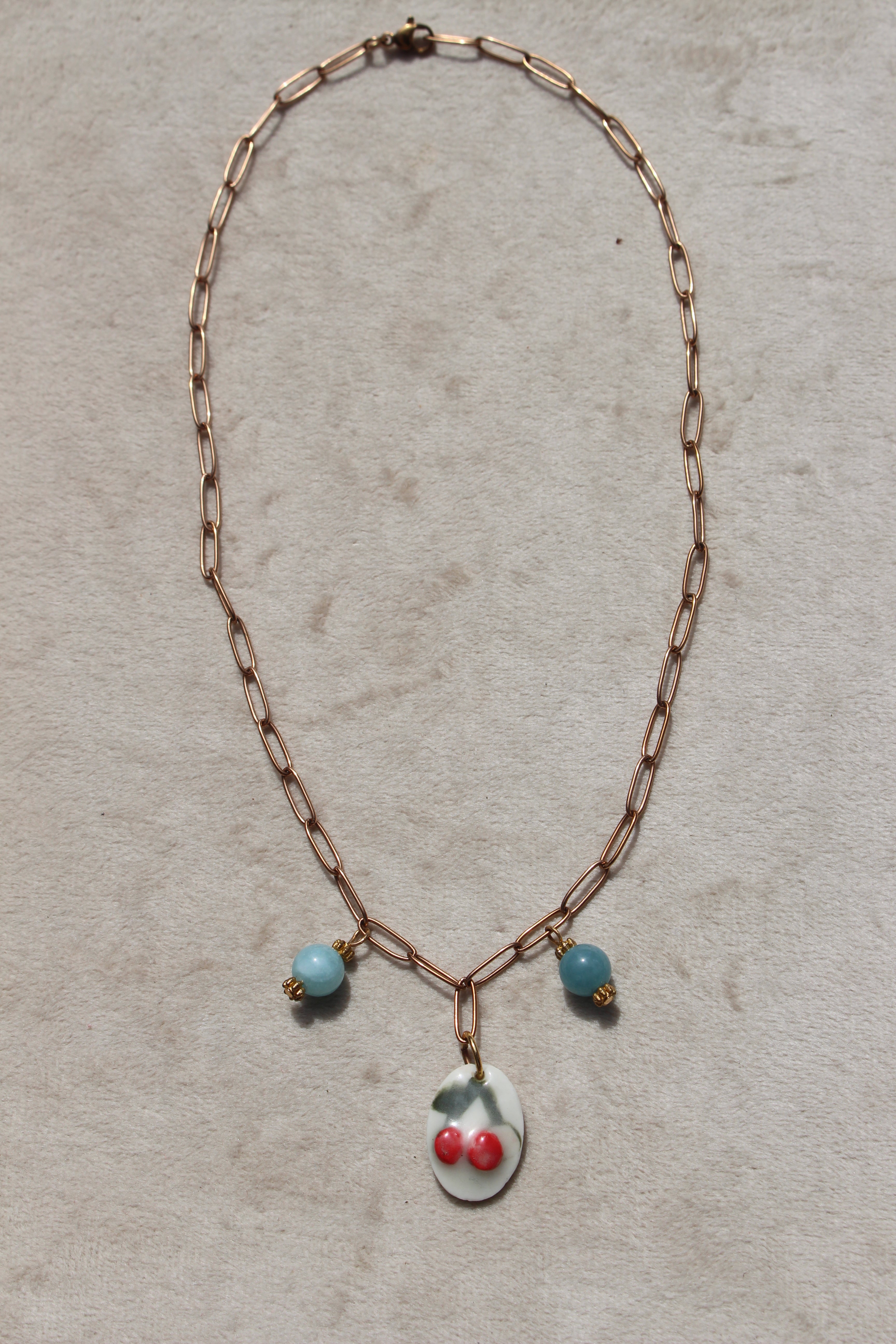 Pendentif Cerise Porcelaine & Aquamarine