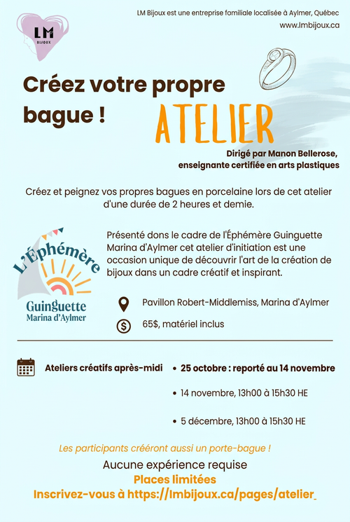 Affiche des ateliers de création de bagues en porcelaine, séance du 25 octobre reportée au 14 novembre 2026